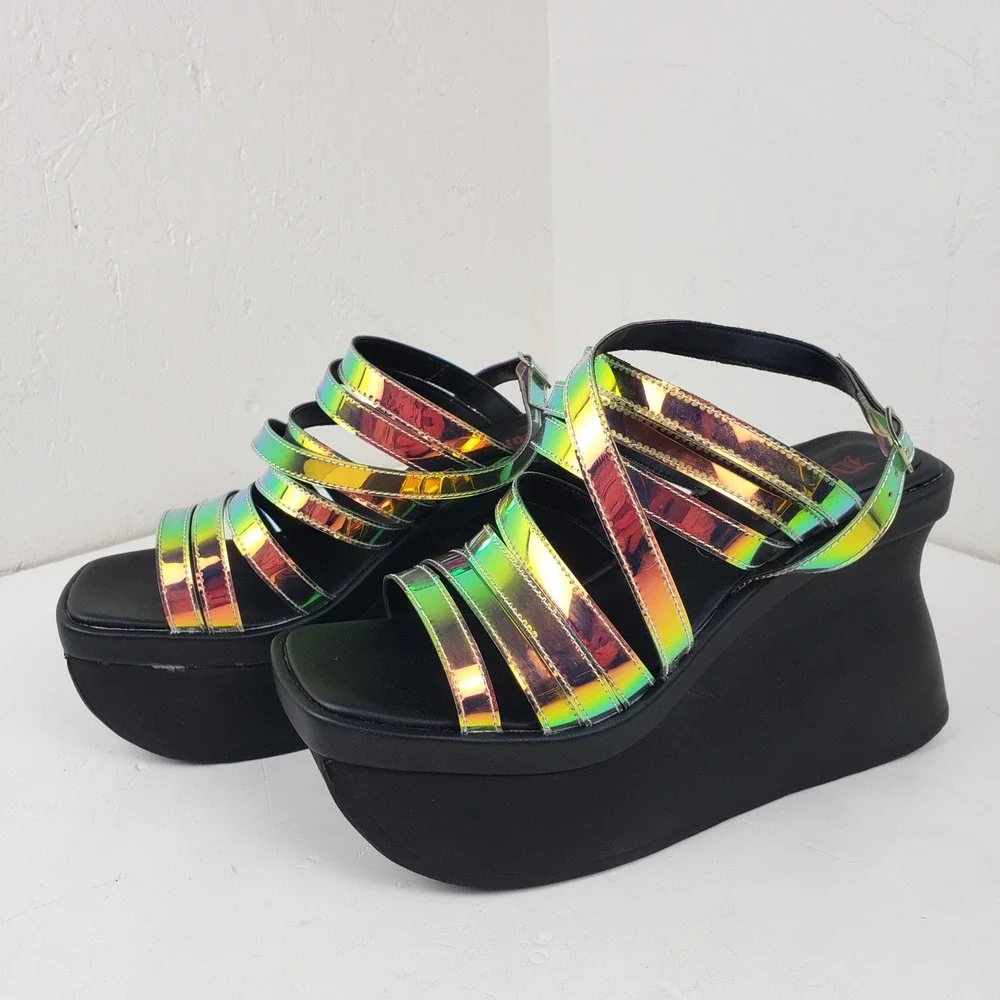 Demonia Womens 9 Holographic Iridescent Multi Strap Platform Wedge Sandal Gothic